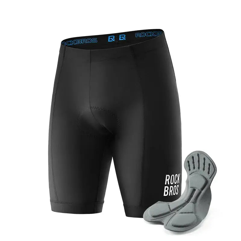 RockBros men's cycling shorts with 3D gel pad, black, anti-slip waistband; includes grey gel pads (2 pieces).