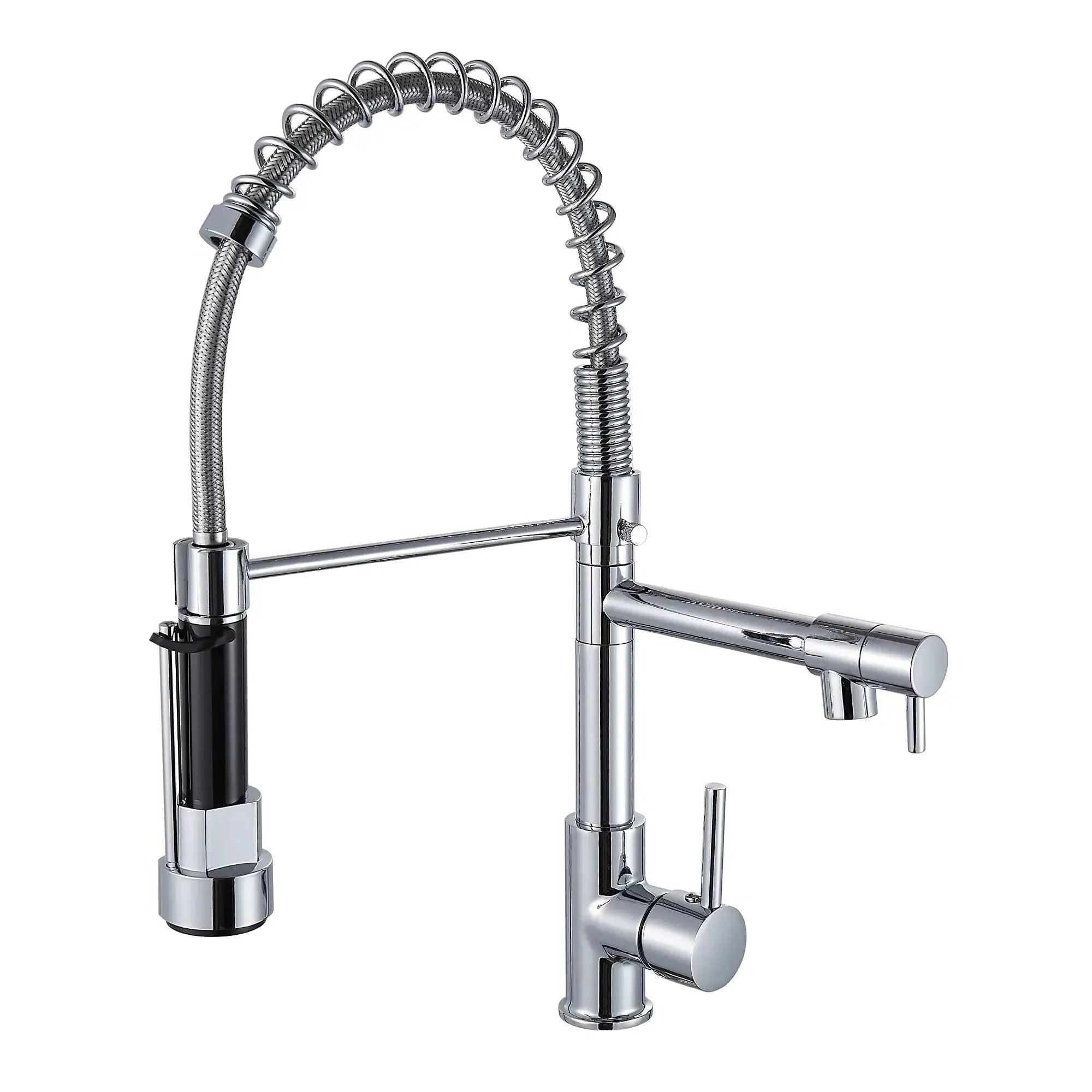 Simples Market chrome kitchen faucet with pull-down sprayer, high-arc spring gooseneck, single-handle.