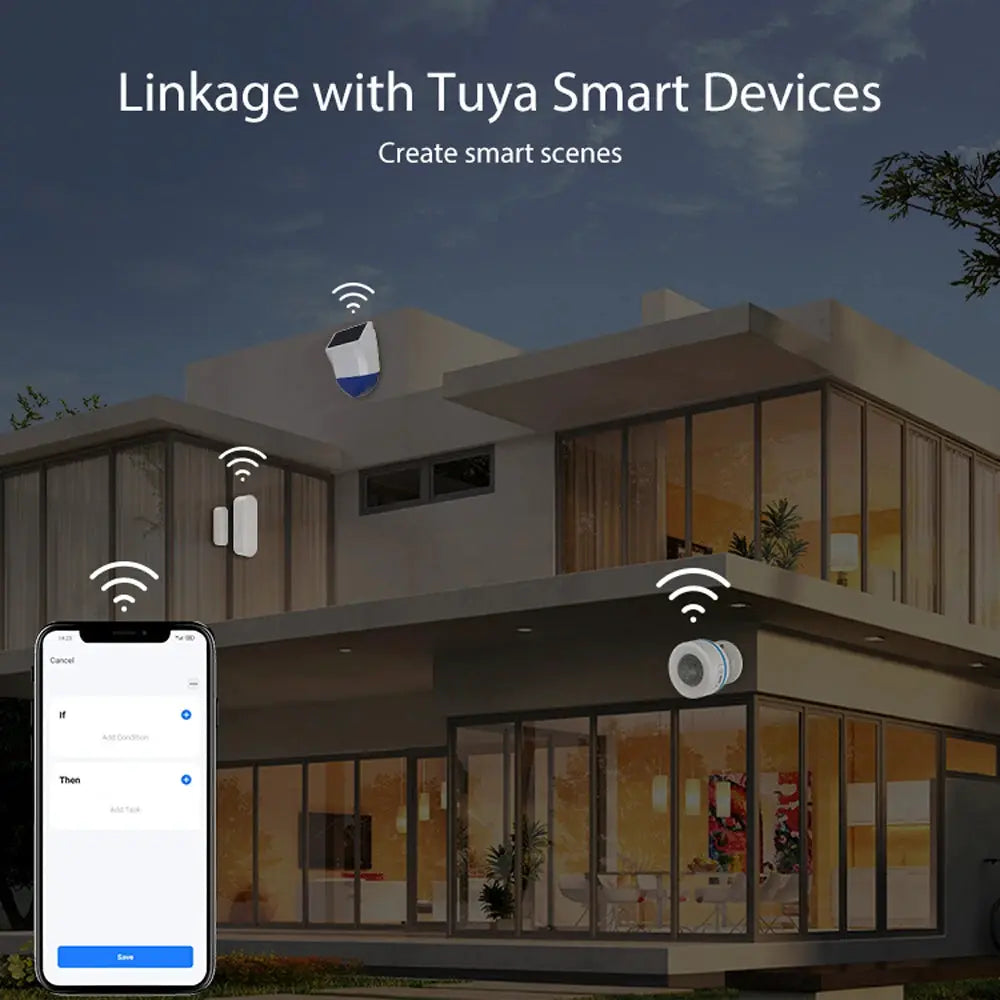 Simples Market Tuya white outdoor waterproof smart siren alarm with solar/USB power, 95dB, app control