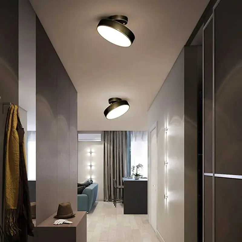 Simples Market modern LED ceiling light, copper/gold round fixture with black trim; two ceiling lights shown