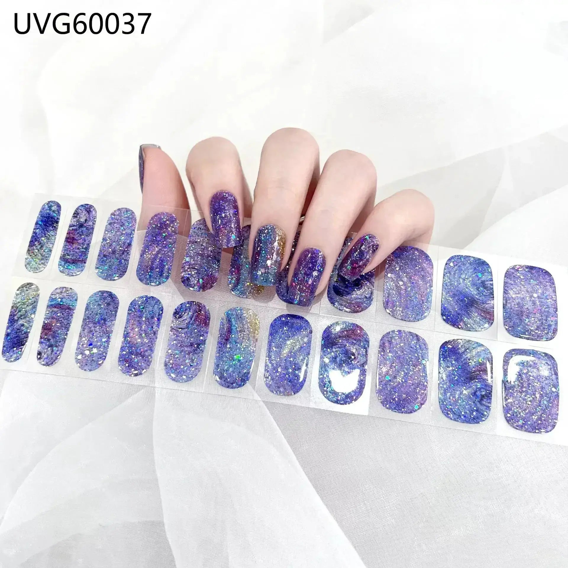 Purple glitter gel nail wraps set for DIY manicure; full-cover, long-lasting nail stickers