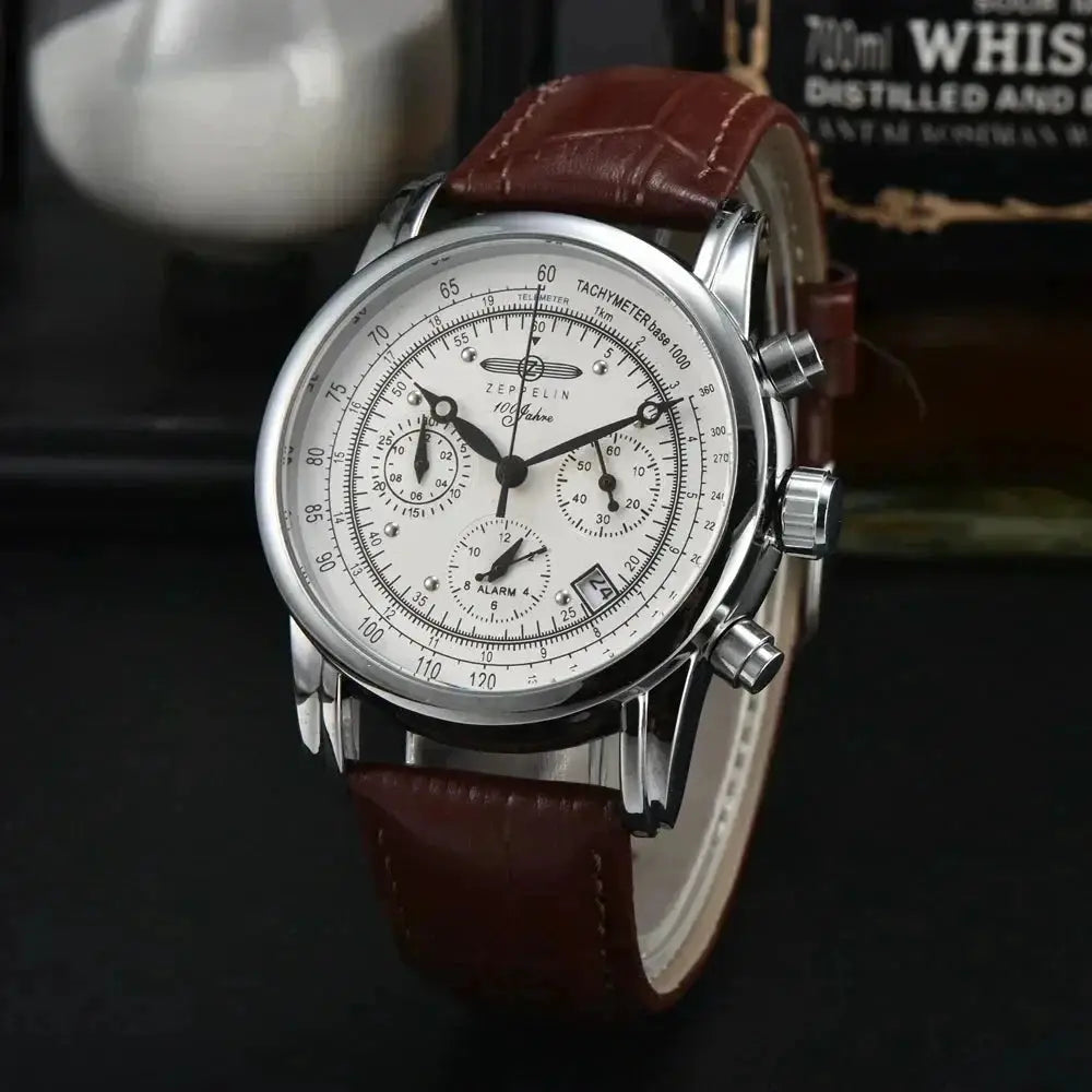 Zeppelin Airship Commemorative Mens Automatic Watch, stainless steel case, white dial, brown leather strap