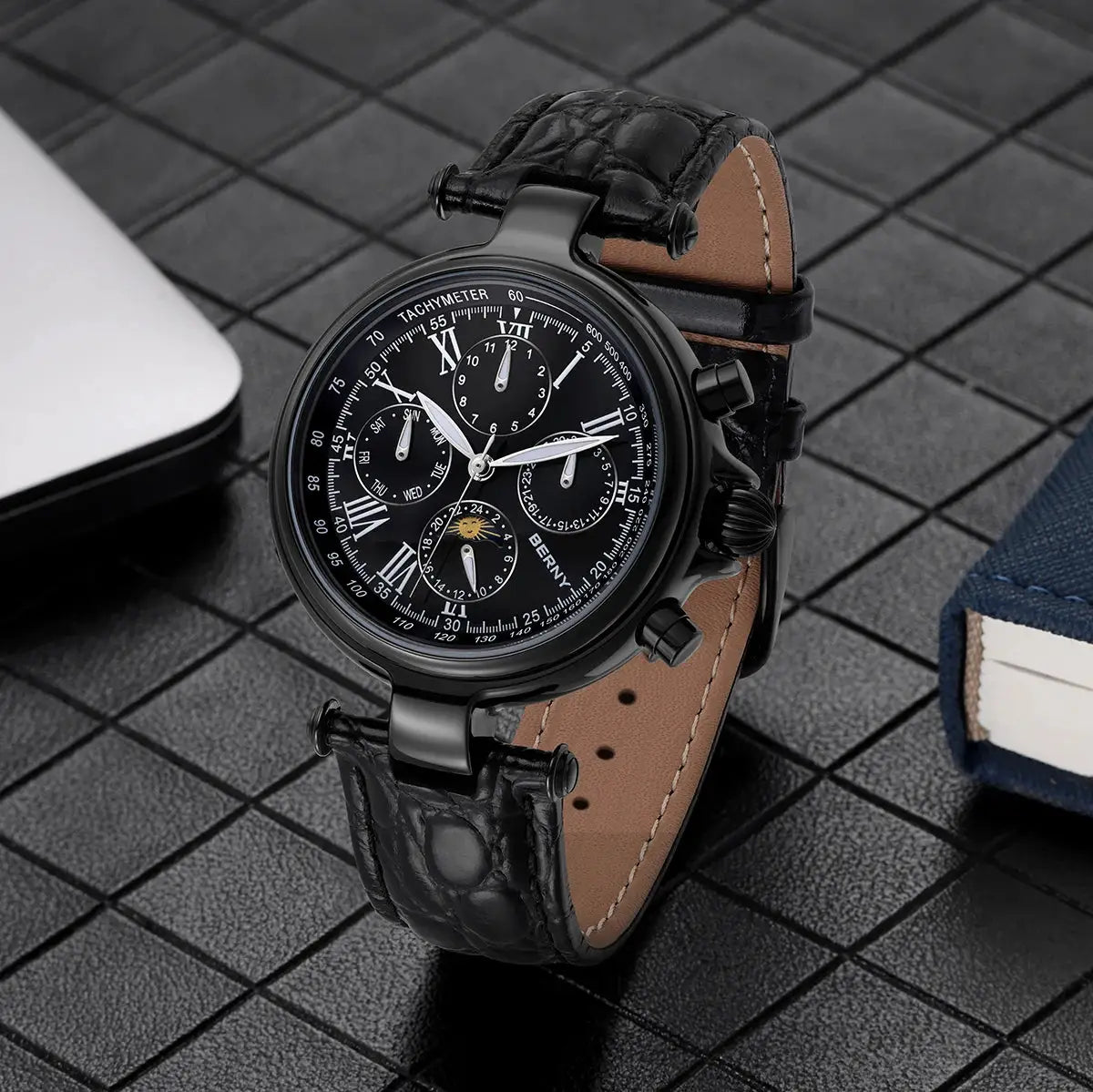 BERNY Retro Automatic Men's Watch with Sun and Moon phase, black dial and genuine leather strap