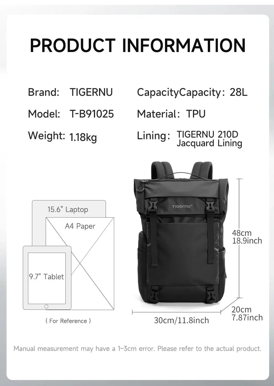 Tigernu travel backpack, black TPU waterproof, 28L capacity