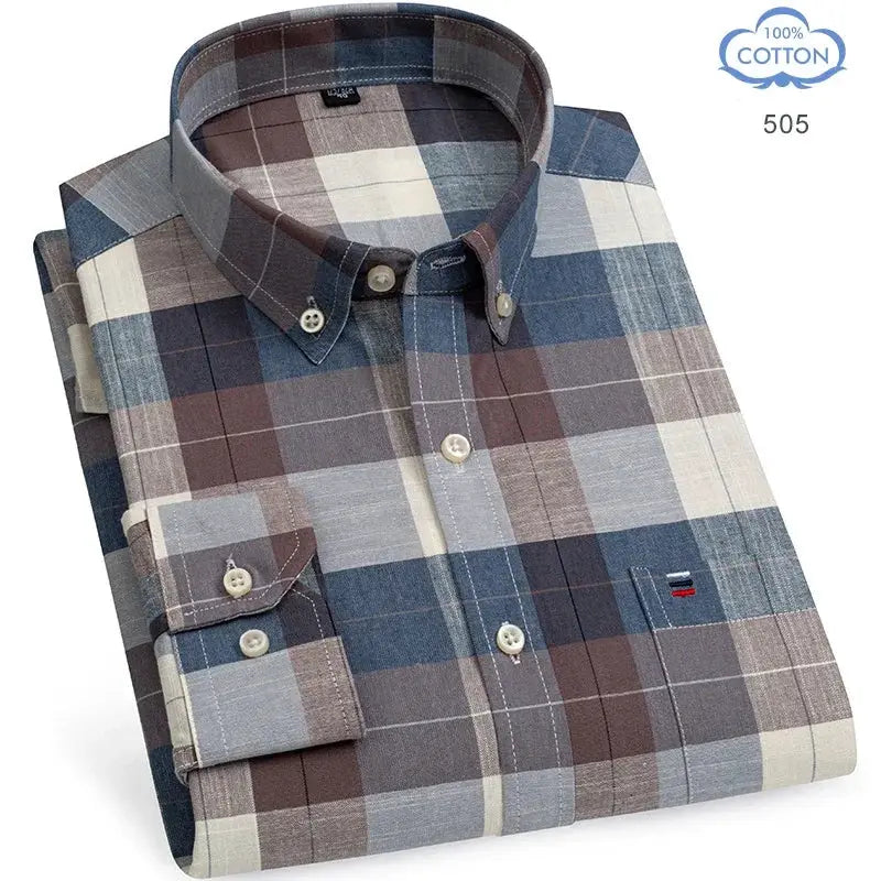 Simples Market men's 100% cotton plaid oxford shirt, long sleeve with button-down collar, blue/brown tones