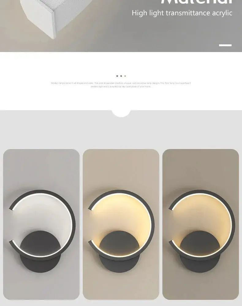 Modern LED wall lamp by Simples Market; circular arc design in black, white, and gold finishes (3 variants)