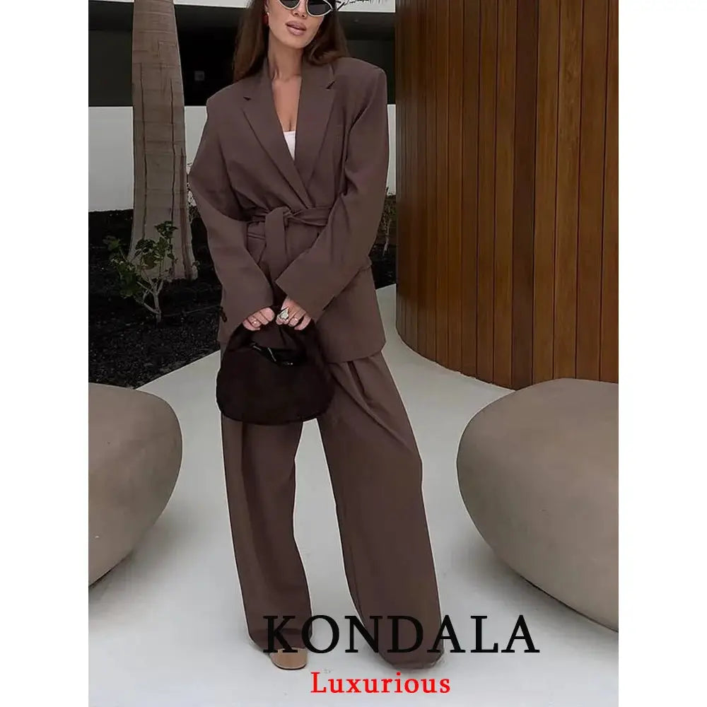 KONDALA brown office suit set with belted blazer and wide-leg pants, solid casual chic