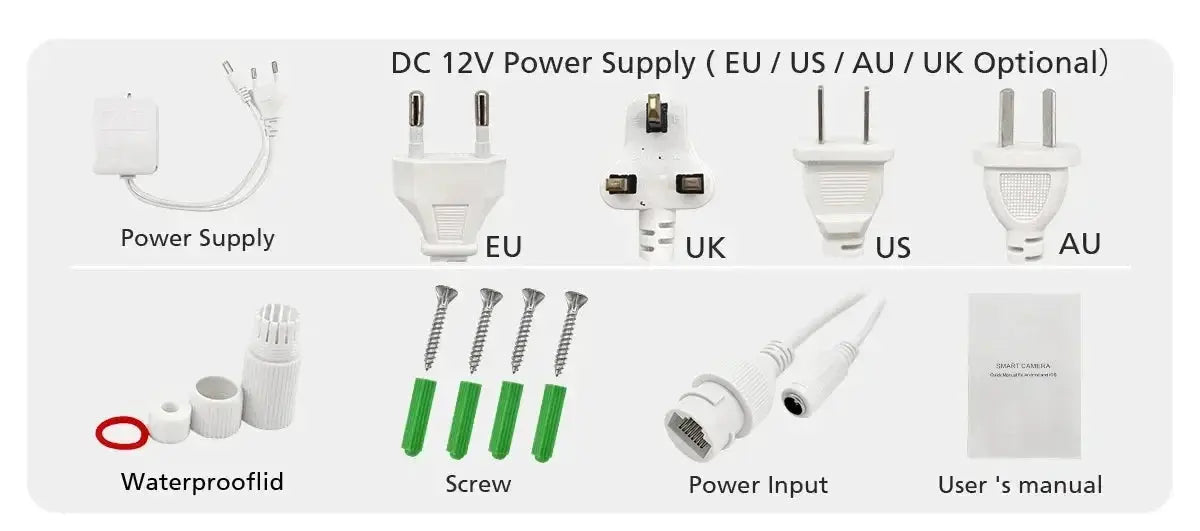 BESDER 15MP outdoor WiFi CCTV camera kit, white, with 12V power supply and EU/UK/US/AU adapters