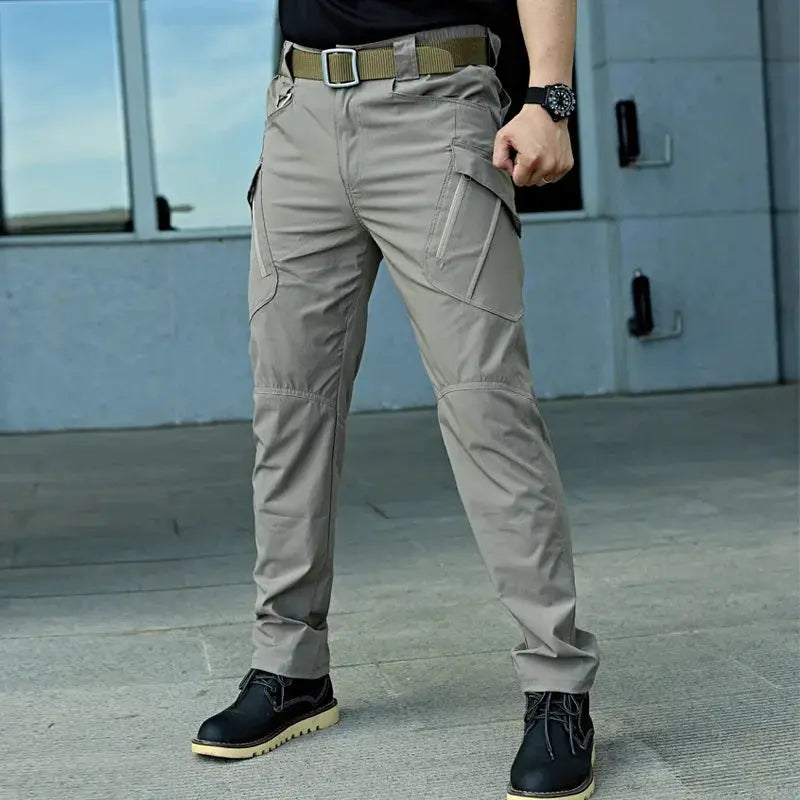 Military tactical cargo pants by Simples Market, grey multi-pocket outdoor hiking/work trousers