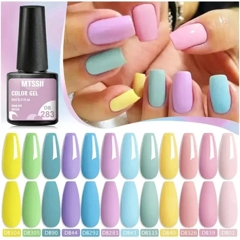 MTSSII 12-color gel nail polish set by Simples Market; pastel nude pinks, blues, greens, yellows with soak-off UV gel.