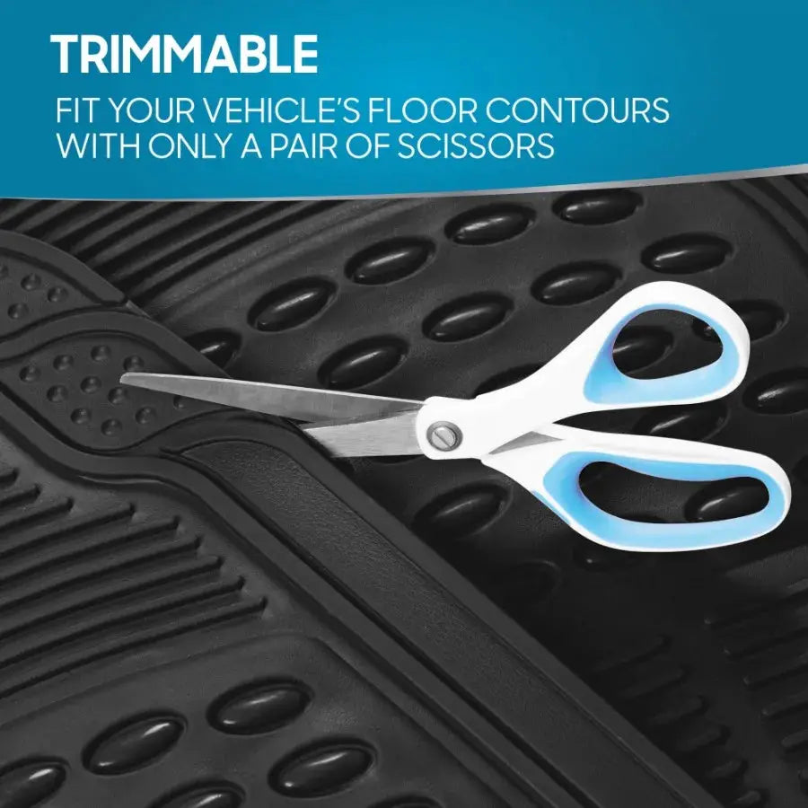 Heavy-duty rubber car floor mats, 4-piece all-weather anti-slip set, trimmable for a precise fit.