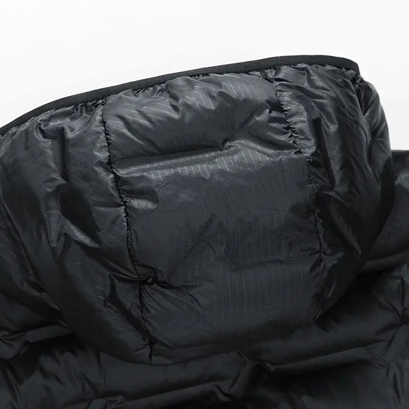 Men hooded down jacket by Simples Market, black puffer coat with quilted hood.