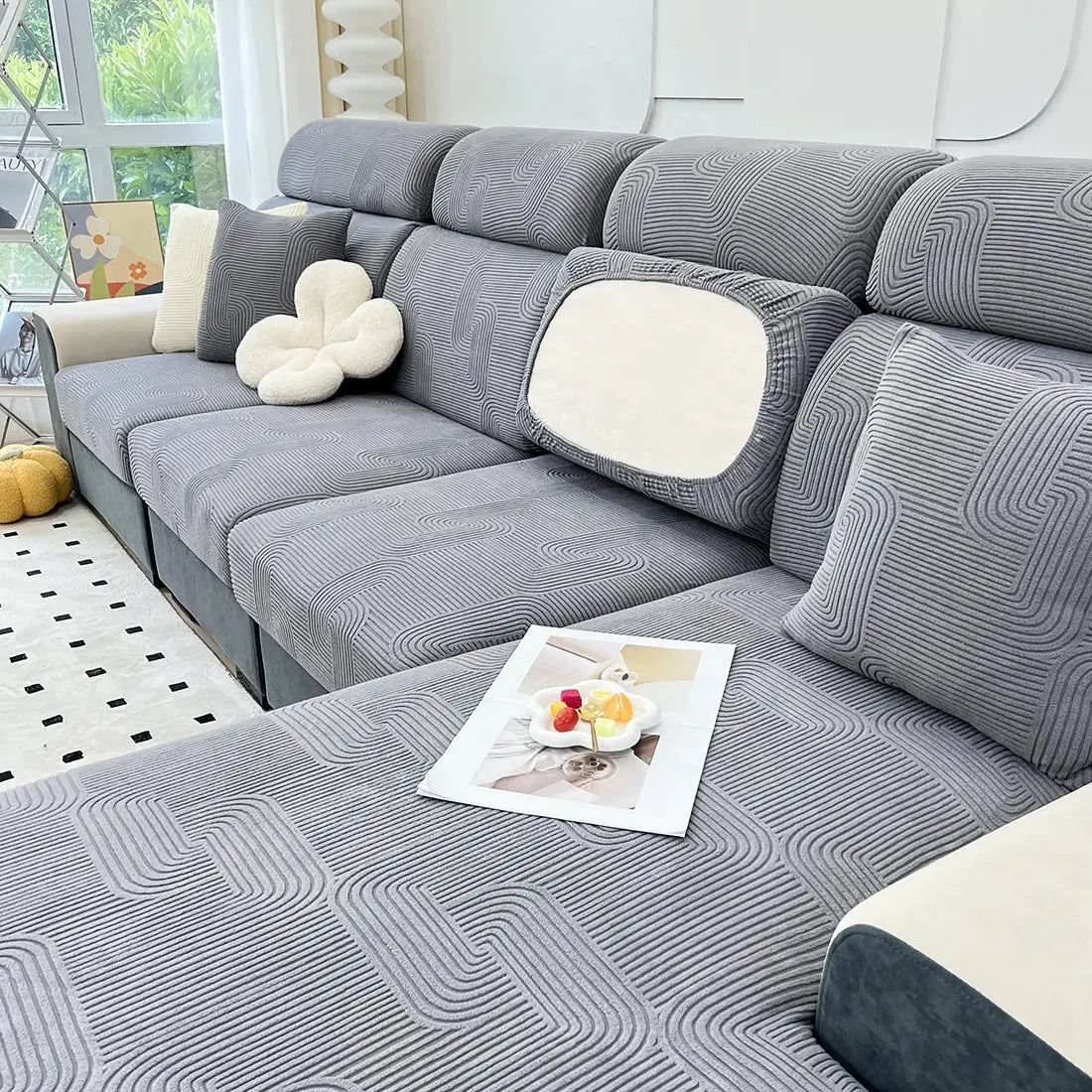 Sofa seat cushion cover set by Simples Market in grey jacquard, thick stretchable, removable and washable.