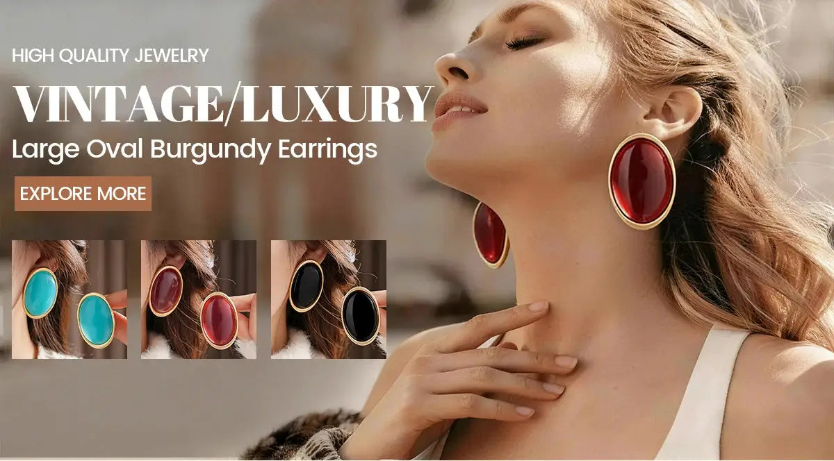 Vintage red resin oval earrings with gold-tone bezel; large women's stud earrings
