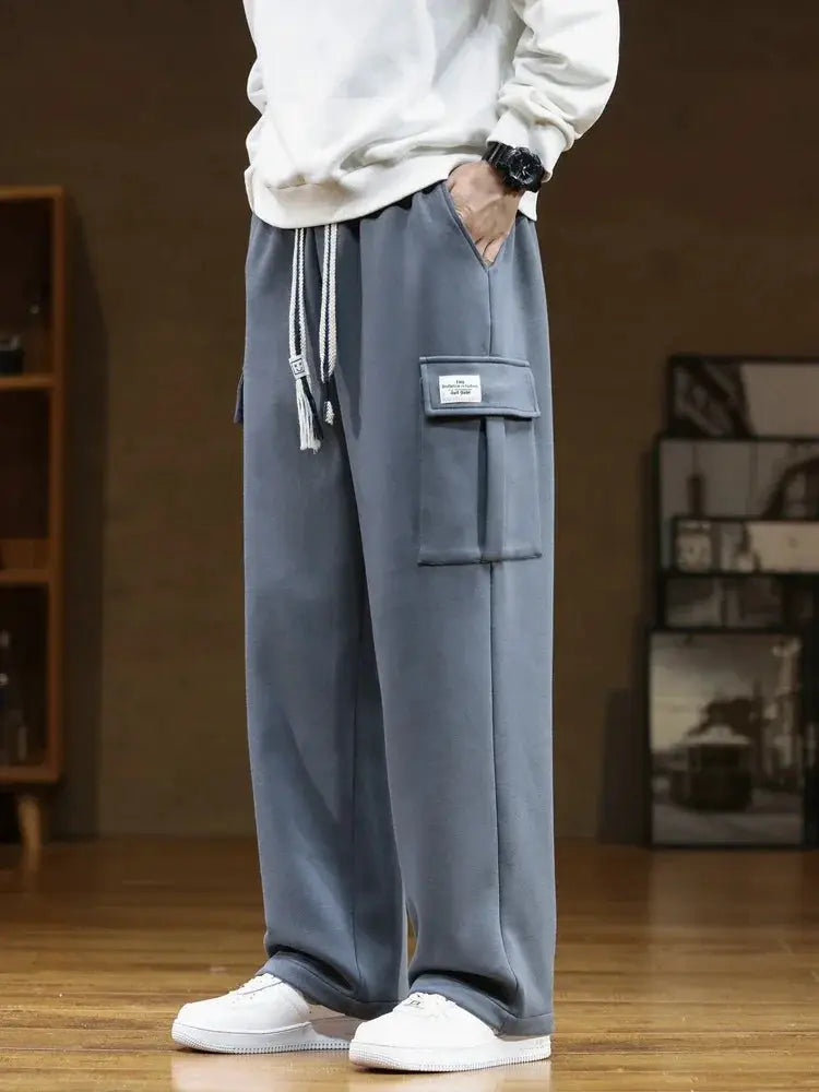 Men's gray cotton cargo sweatpants with drawstring, multi-pocket design, loose straight fit, size 8XL