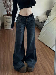 American Retro Low Waisted Jeans For Women Spicy Washed Flared Pants
