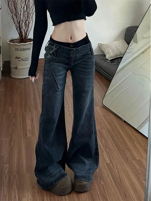 American Retro Low Waisted Jeans For Women Spicy Washed Flared Pants