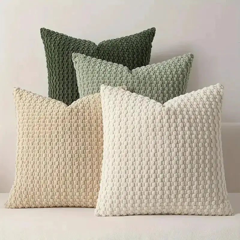 Soft Velvet Double-Sided Cushion Covers set of 4 by Simples Market in beige, ivory, gray, and green with textured weave.