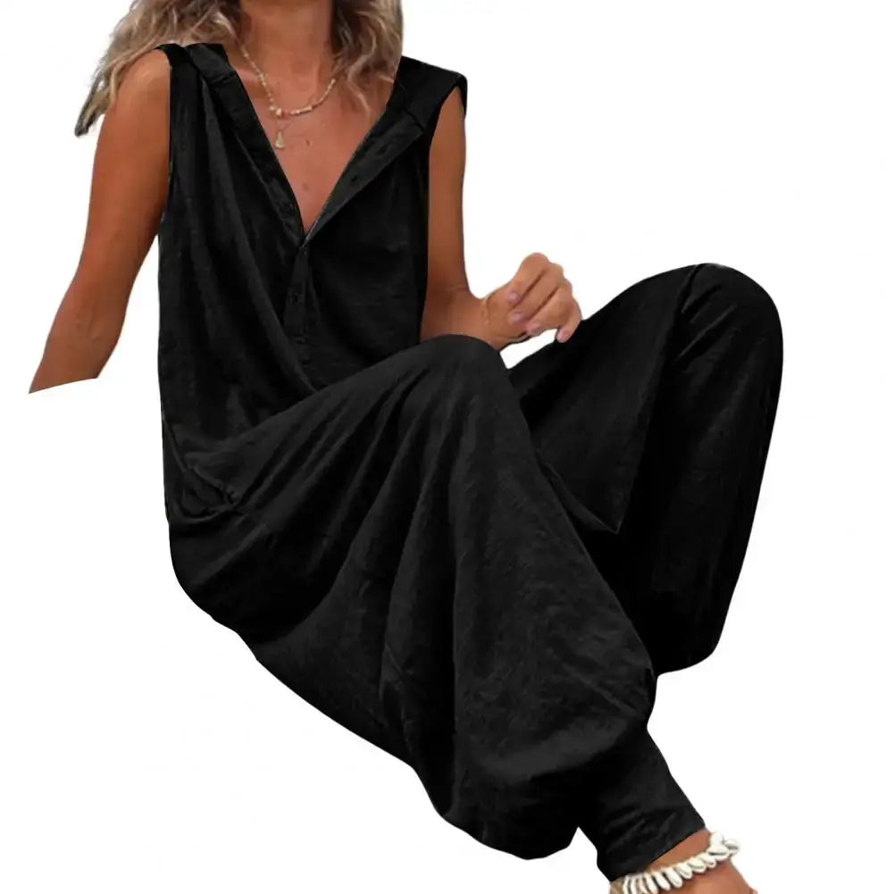 Simples Market women's black cotton overalls jumpsuit, casual wide-leg style