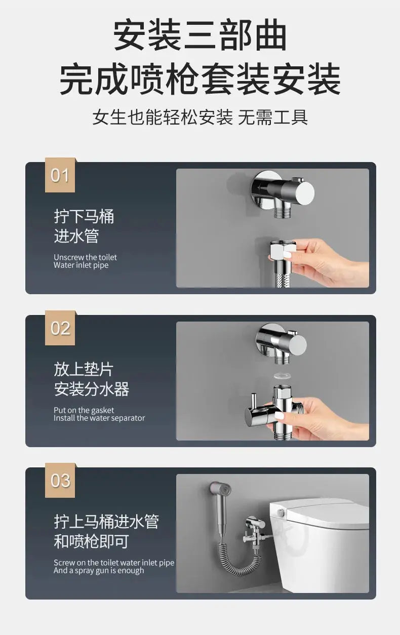 Simples Market chrome handheld bathroom spray gun bidet sprayer set with 2 modes and a 3-step installation guide (01–03).