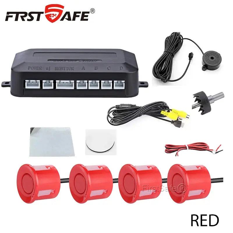 FirstSafe car reverse radar parking system with 4 red sensors, monitor box, wiring, and installation accessories