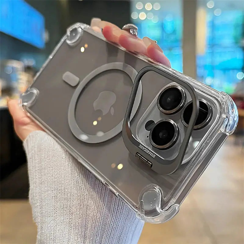 Luxury magnetic shockproof iPhone case, clear with MagSafe, glass lens protection by Simples Market.