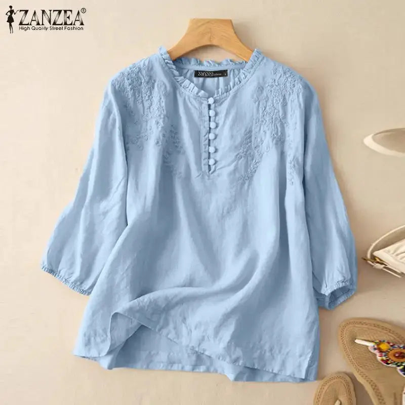 ZANZEA Summer Vintage Womens Blouse O Neck ThreeQuarter Sleeve Cotton