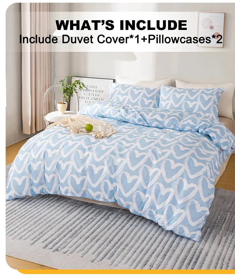 Simples Market blue and gray heart-print 3pc duvet cover set with 1 duvet cover and 2 pillowcases on a bed