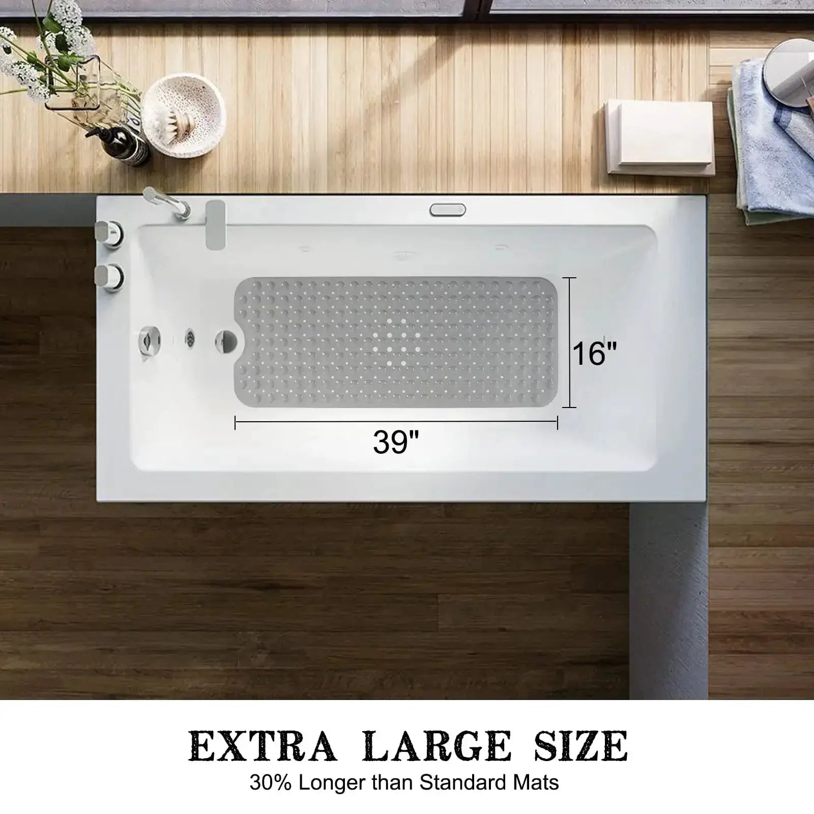 Bathtub mat, gray non-slip with drain holes and suction cups, extra-long 39 x 16 inches for bathroom.