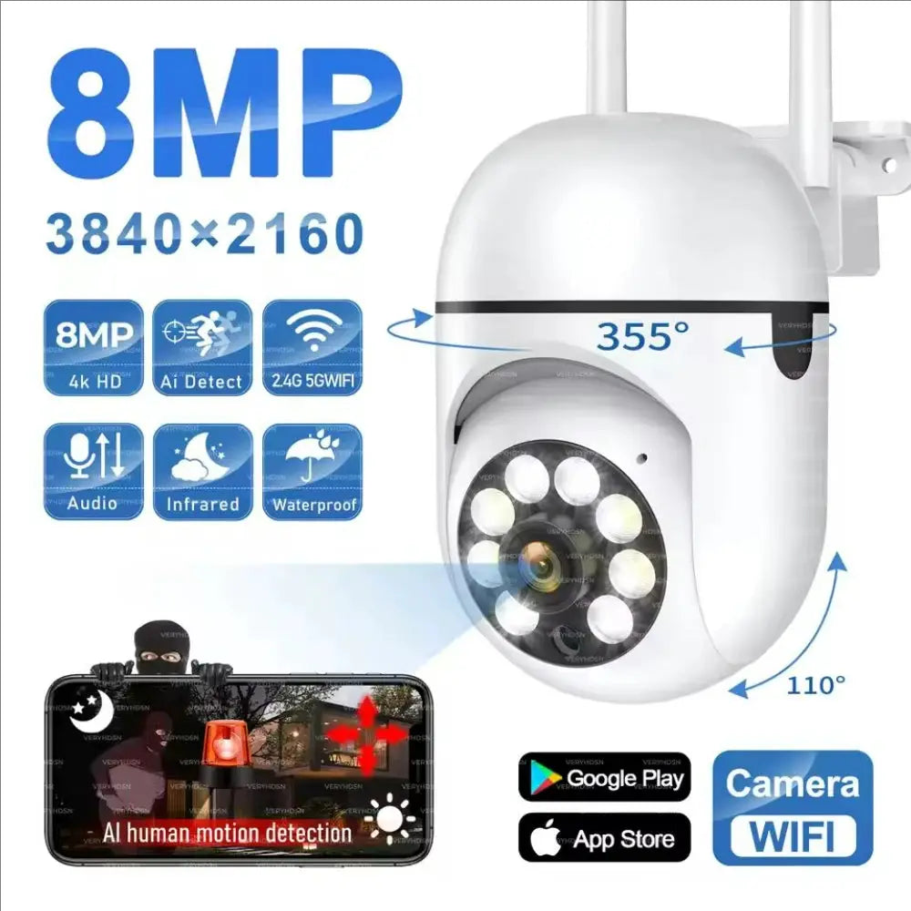 Outdoor 8MP WiFi PTZ security camera with 4x zoom, AI human tracking, two-way audio, infrared night vision, waterproof