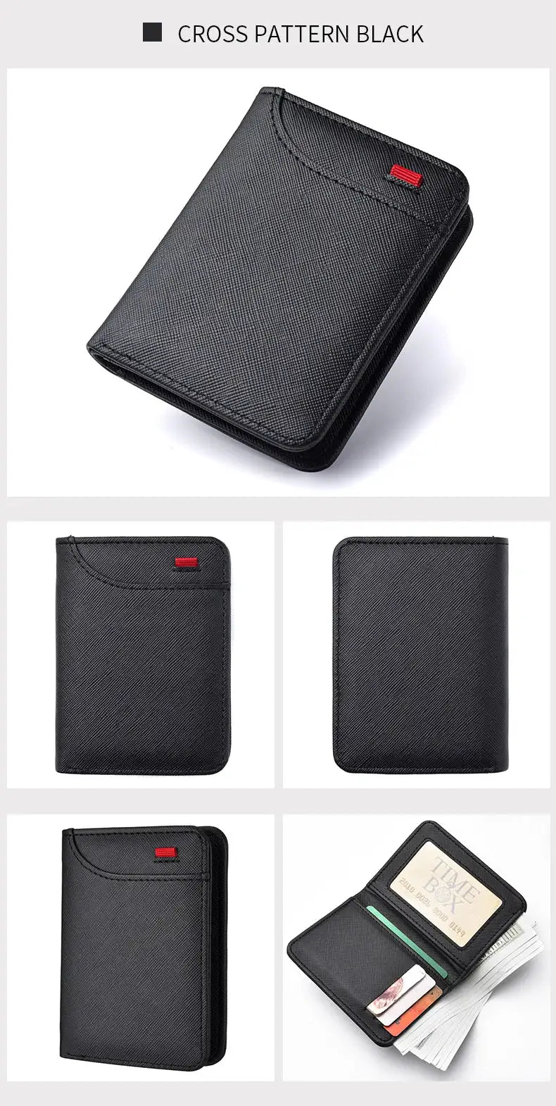Men's vertical card wallet in black cross-pattern texture with red accent tab