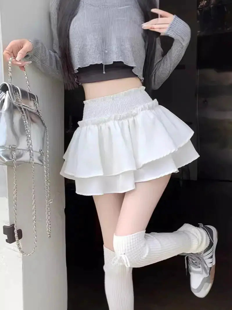 Mini Skirt Balletcore Elastic High Waist Patchwork Ruffle Lolita Short Y2K Korean Sweet Cute Sexy Womens Clothing