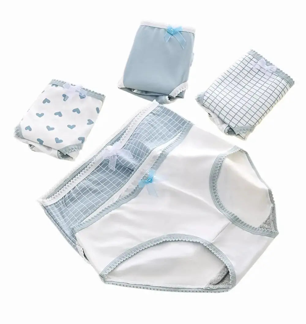5pc women's cotton panties set by Simples Market in blue/white with bow accents and hearts/plaid/grid prints