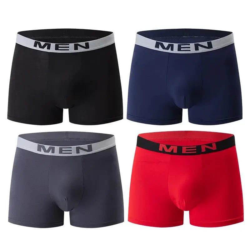 4-pack men's boxer shorts in black, navy, gray, and red with MEN waistband.