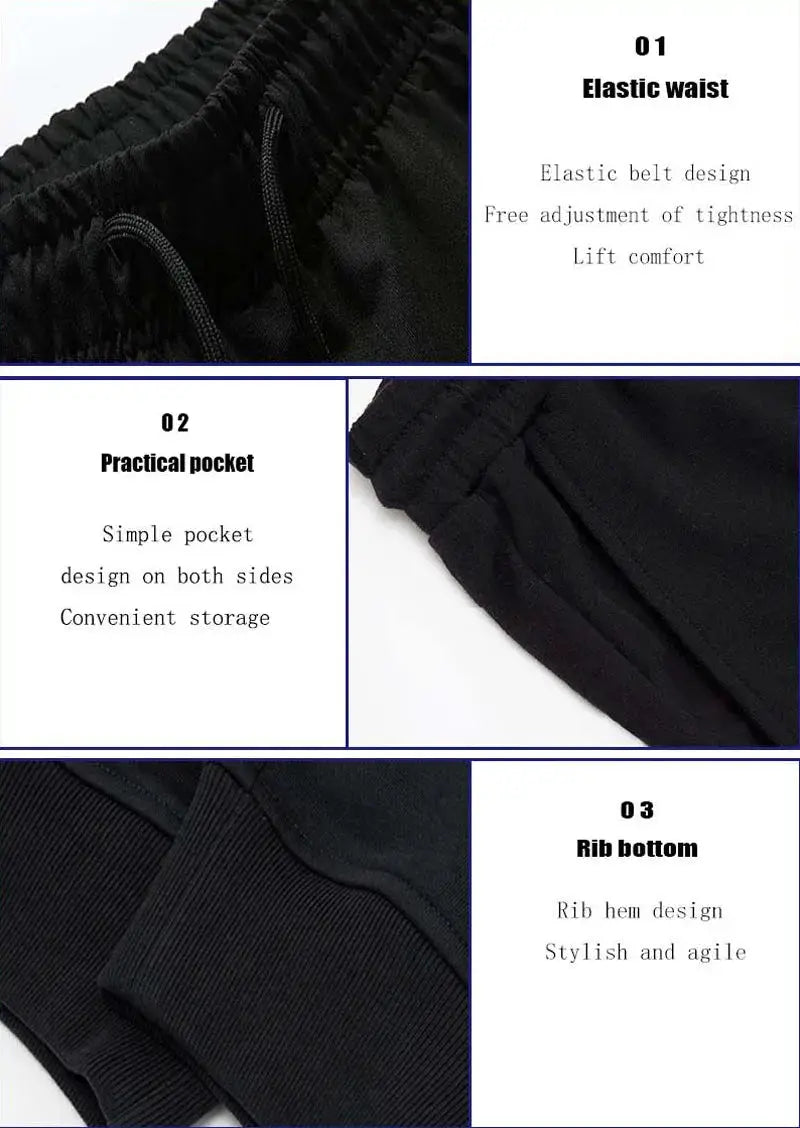 Black joggers with elastic waist, dual pockets, and ribbed cuffs.