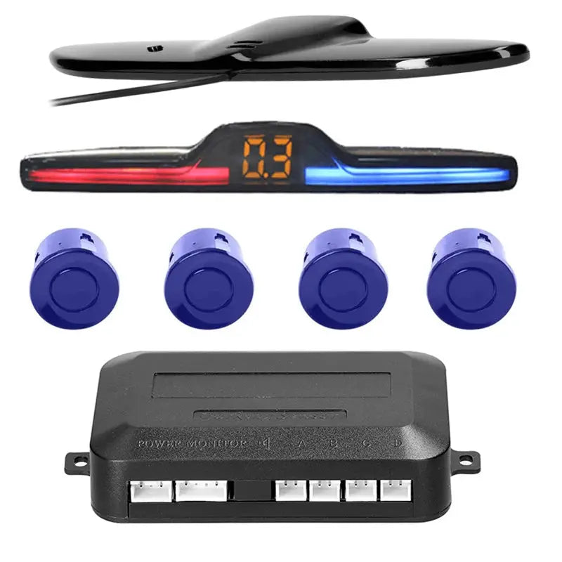 Simples Market car reverse radar kit with 4 blue parking sensors, LED distance display, and control module