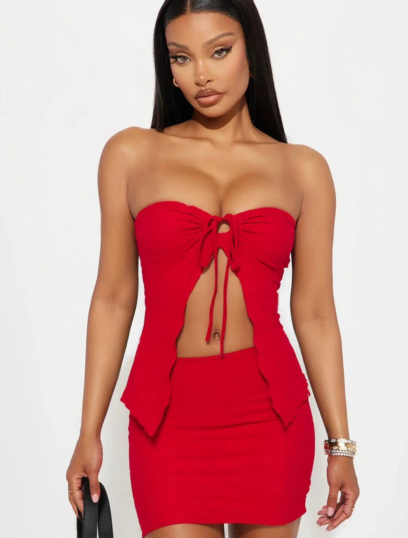 NovaModa Solid Color Tube Top And Skirt Set Slim Fit With Stretch Knit For Casual Outdoor Wear