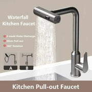 Grey stainless steel pull-out kitchen faucet with deck mount, 3-mode water discharge, and flexible spray head