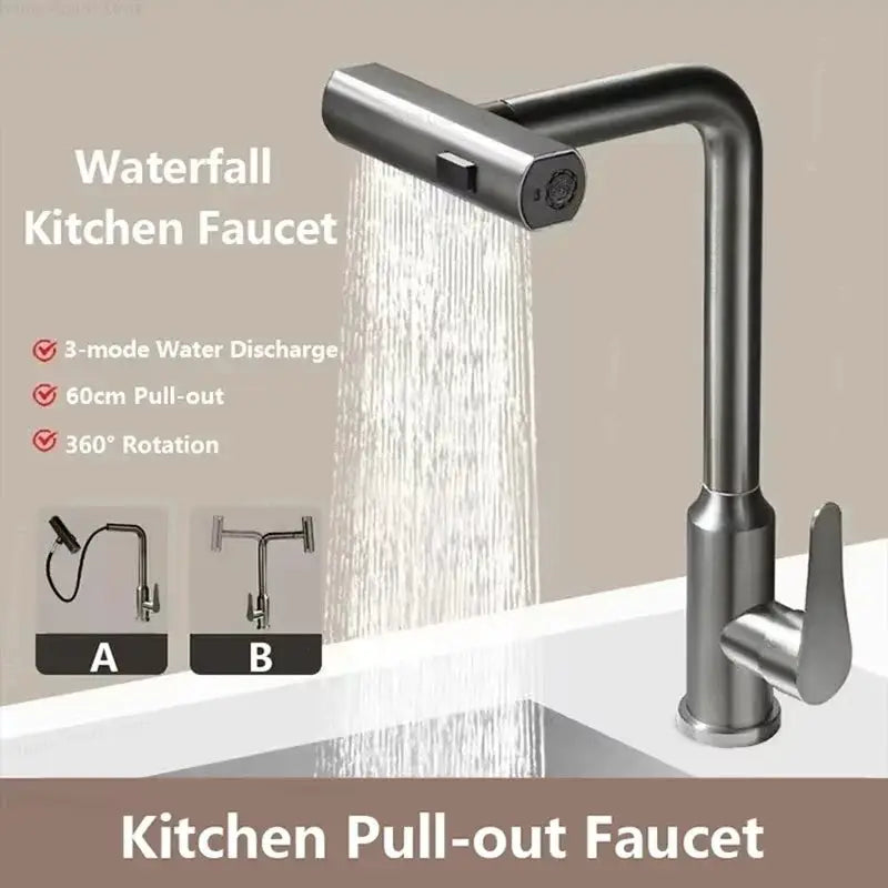 Grey stainless steel pull-out kitchen faucet with deck mount, 3-mode water discharge, and flexible spray head