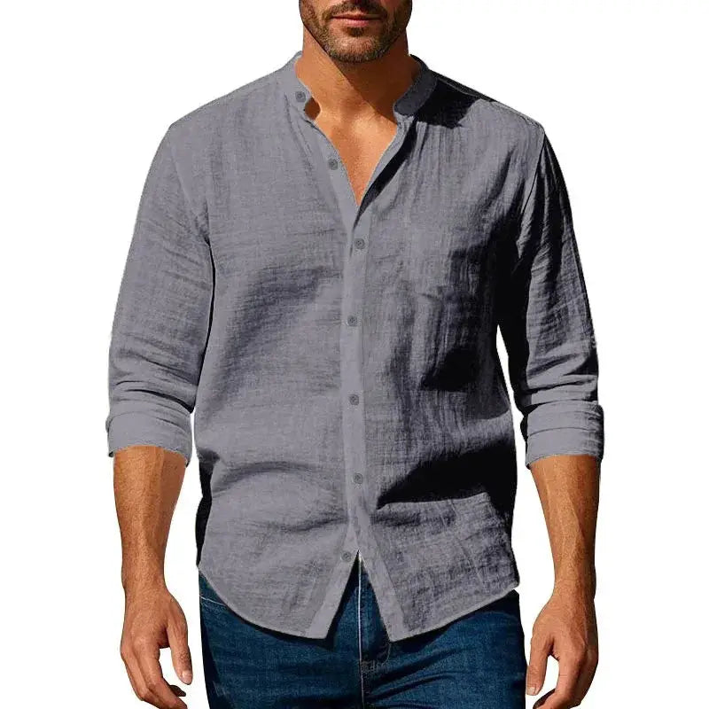 Cotton linen Henley-neck shirt for men, gray lightweight long-sleeve button-up