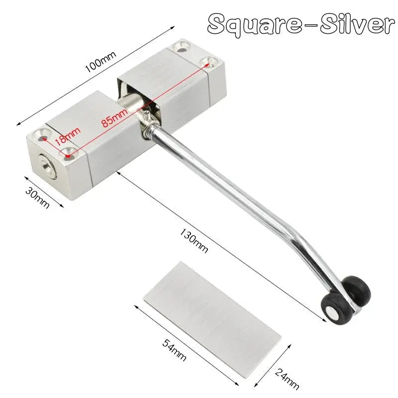 Simples Market 180° Automatic Door Closer, square-silver metal heavy-duty kit with rod and mounting plates