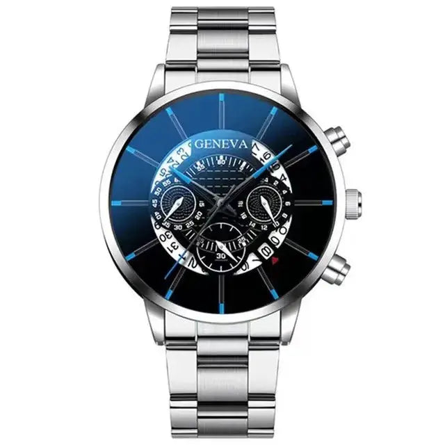NovaTime Mens Quartz Watch Set 3Pc Stainless Steel Strap Circular Dial Date Function Electronic Drive