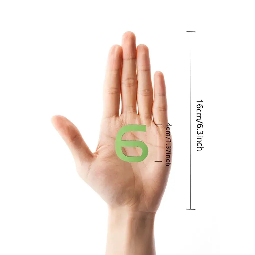 Digital clock wall sticker with a green numeral 6 held by a hand, size guide shows 16 cm height.