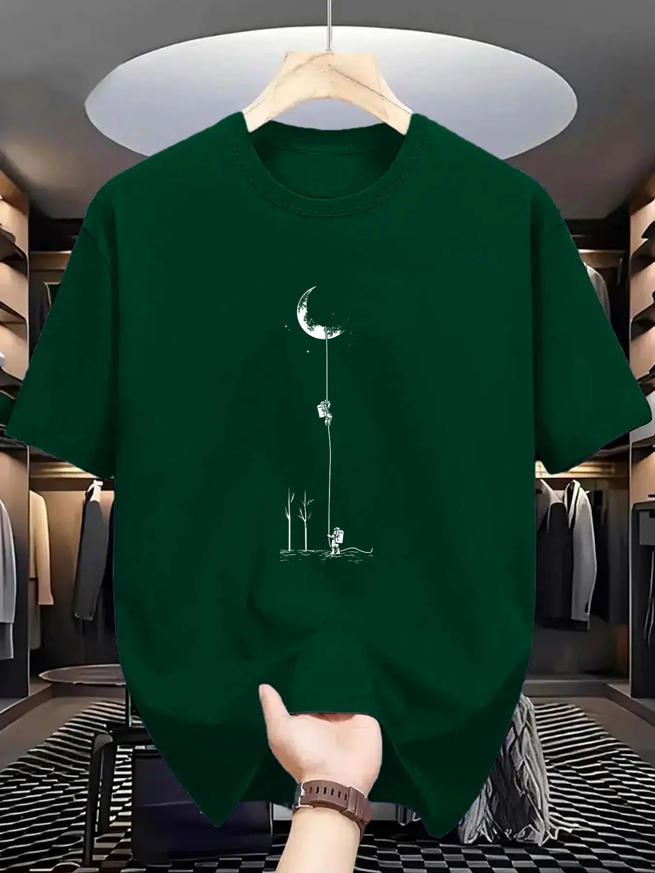 Summer Men's 100 Percent Cotton Casual Loose Fit Plus Size Moon Landing Pattern T Shirt Round Neck Short Sleeve