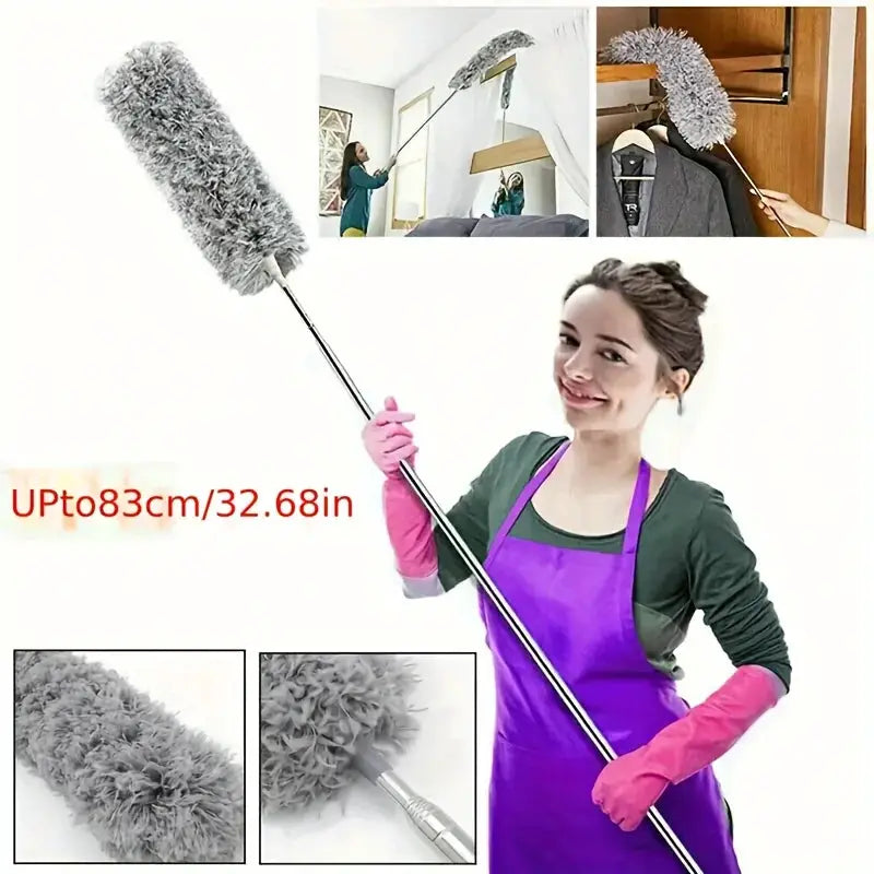Simples Market 1pc extendable microfiber duster with metal pole, gray fluffy head for lightweight home cleaning up to 83 cm.
