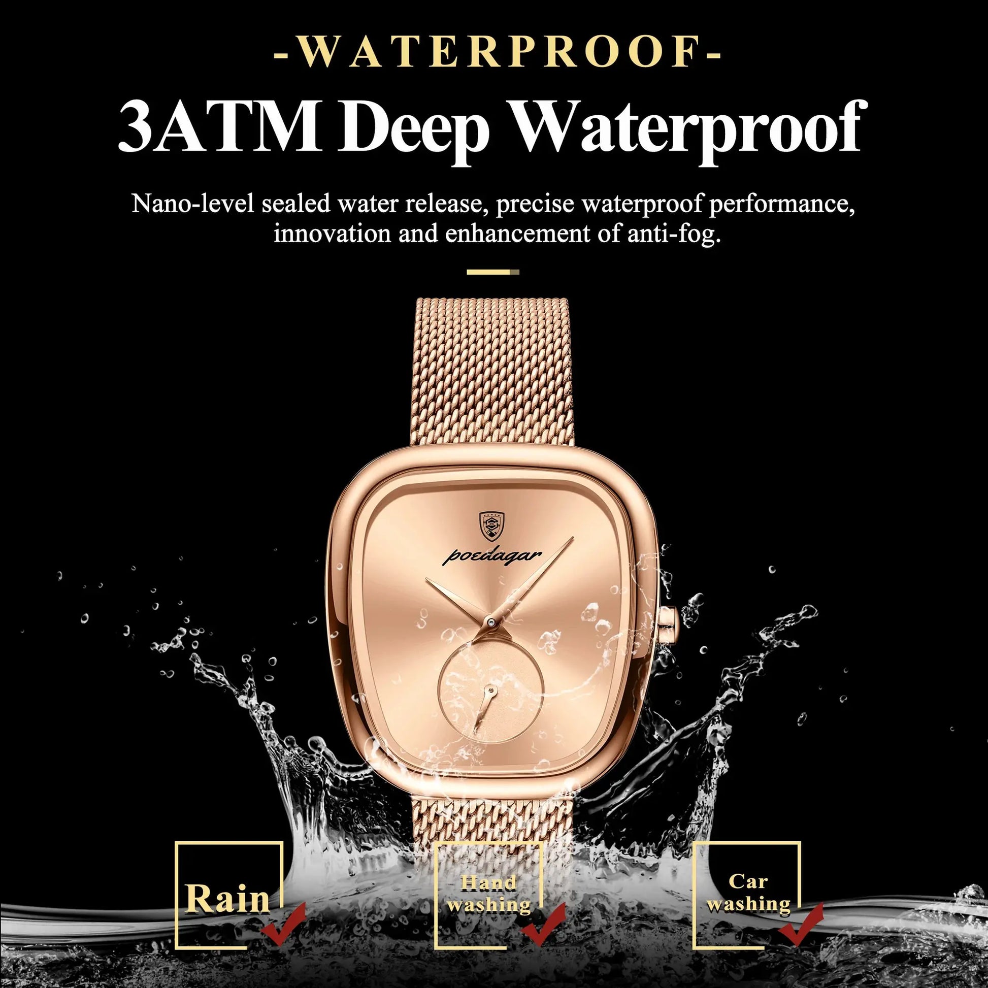 POEDAGAR rose-gold stainless steel mesh women's watch, waterproof 3ATM, Simples Market