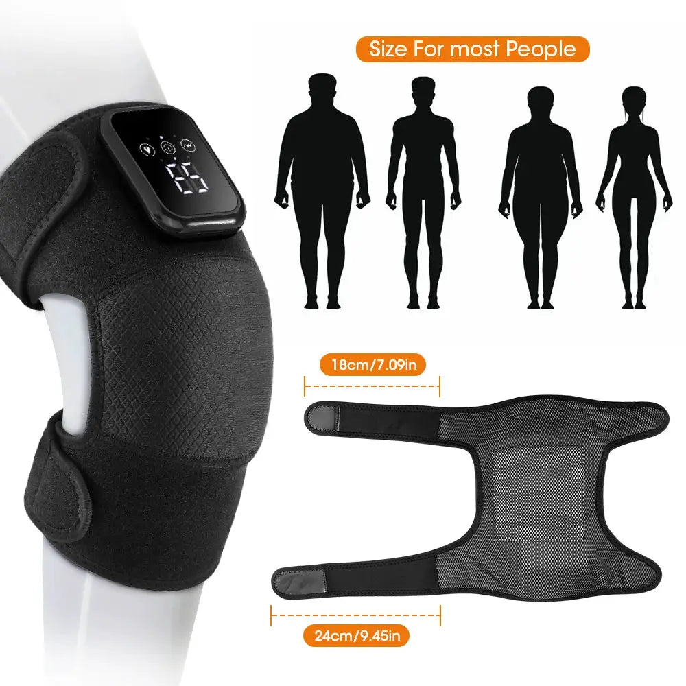 Electric heated knee massage pad with vibration, black with adjustable Velcro straps and control panel.