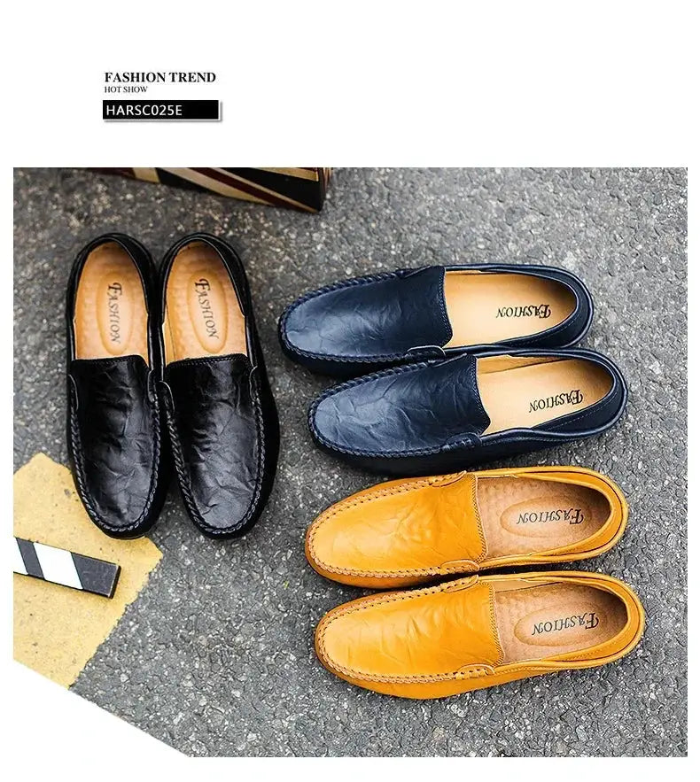 Men's genuine leather loafers; black, navy, and tan casual moccasin slip-ons (3 pairs)
