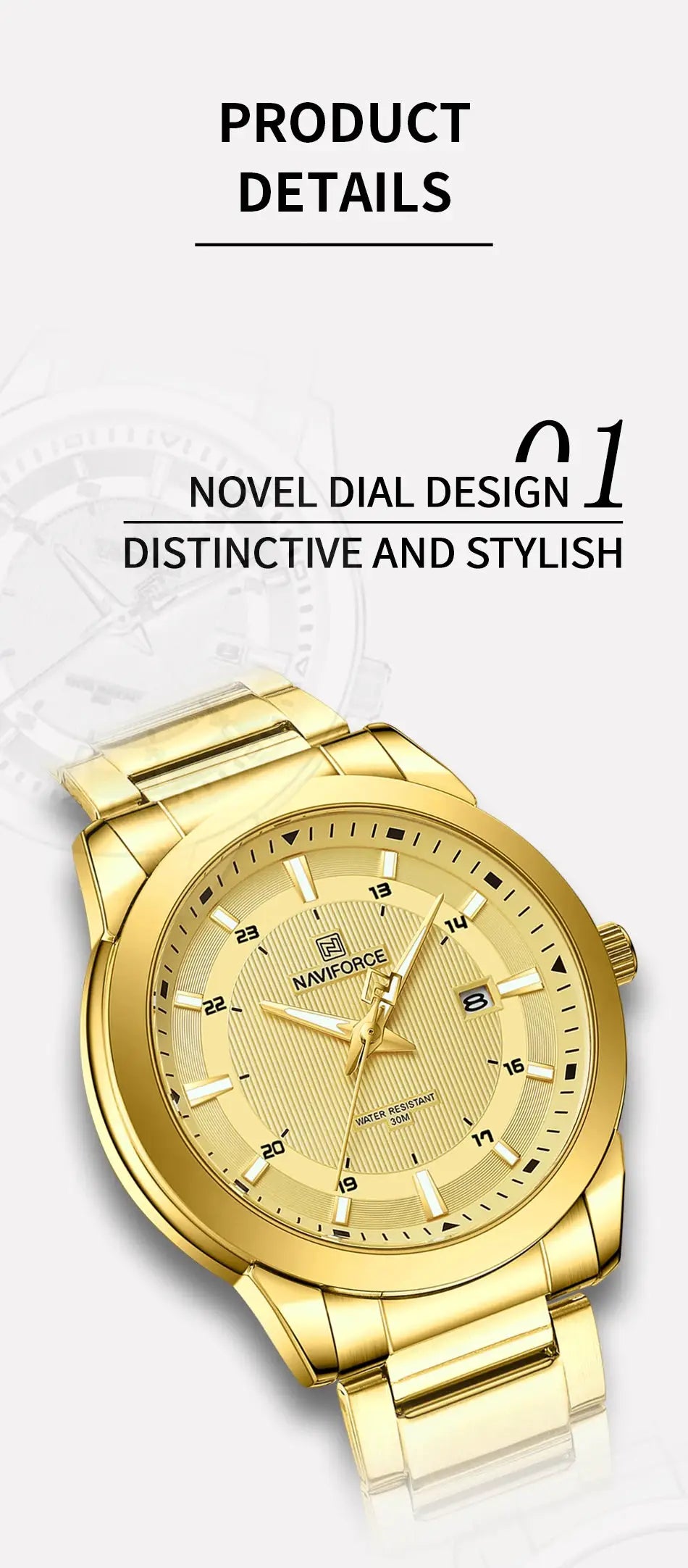 NAVIFORCE men's gold-tone stainless steel wristwatch with date window, 30m water resistant