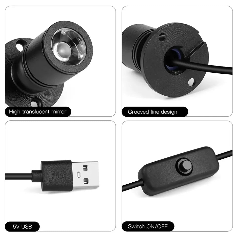 Black USB 5V mini ceiling spotlight, 1W LED with inline switch and USB plug